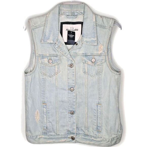 Abercrombie & Fitch NWT Light Wash Distressed Denim Trucker Vest Womens Large - Picture 1 of 10